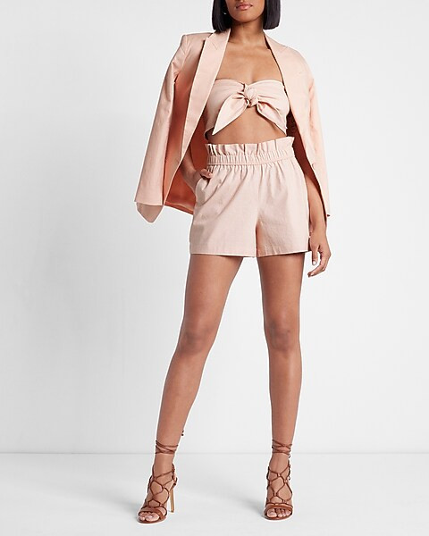 Super High Waisted Linen-Blend Pull On Paperbag Shorts | Express