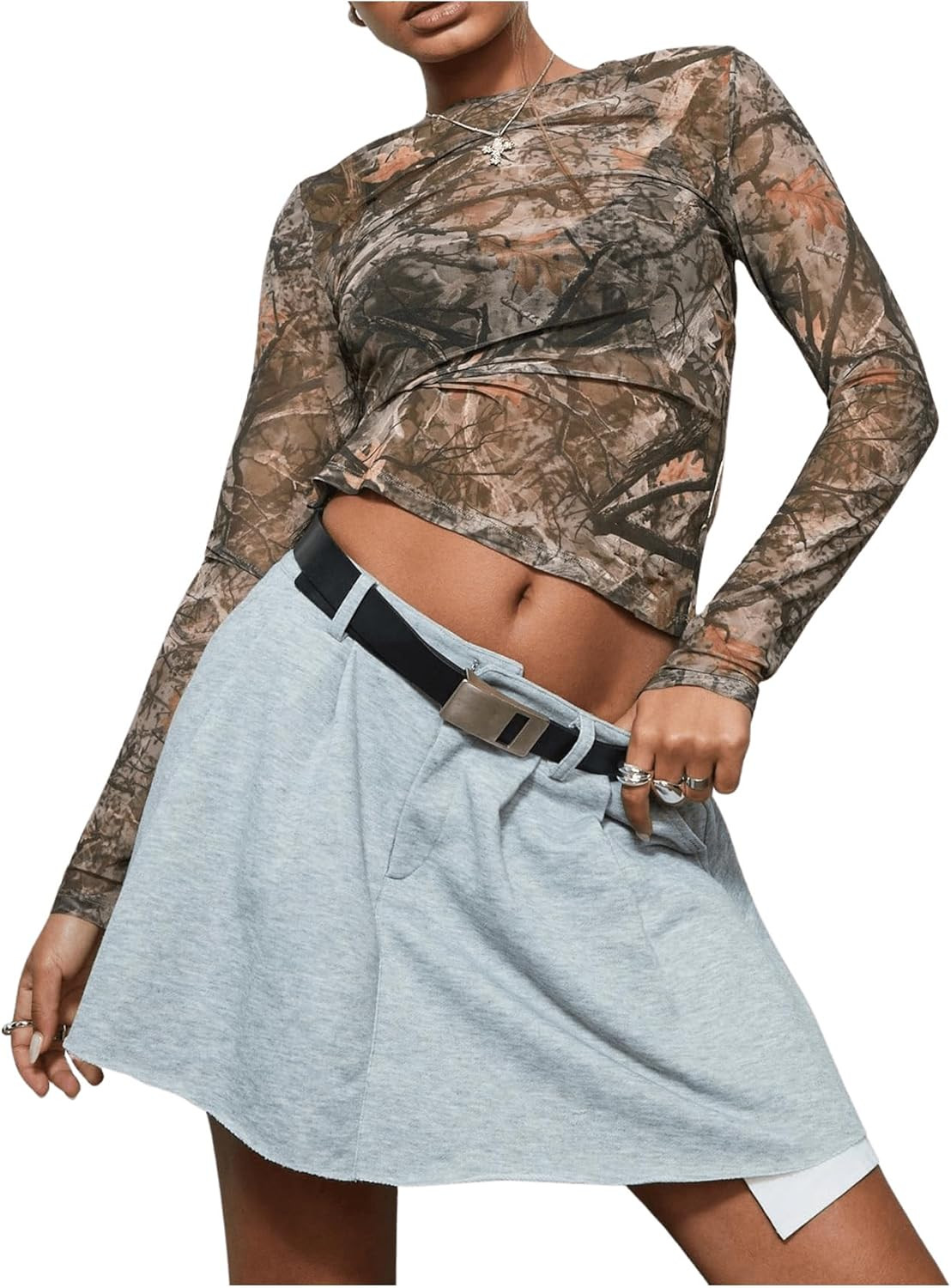 Women's Y2k Camo Print Crew Neck Crop Top Mesh Sheer Long Sleeve Fitted Tee Shirts | Amazon (US)