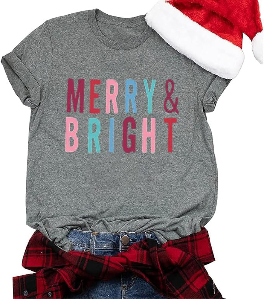 MOUSYA Merry and Bright Shirt Women Merry Christmas Tee Letter Print Casual Short Sleeve Tops Tee... | Amazon (US)
