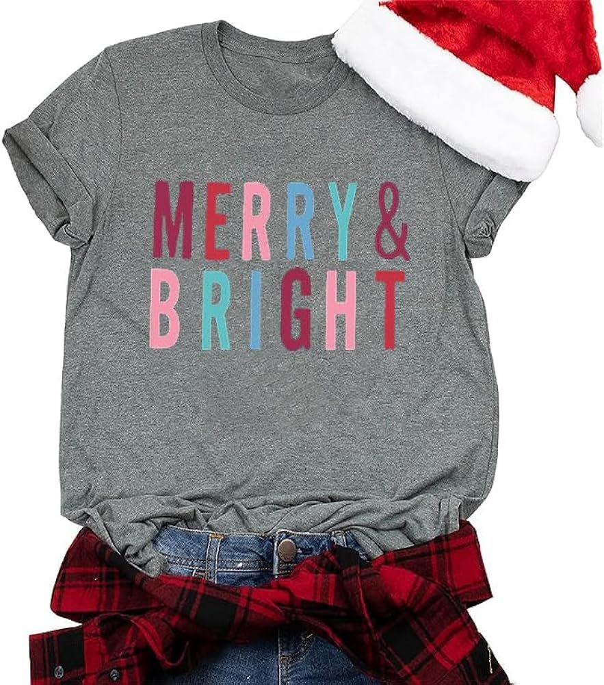 MOUSYA Merry and Bright Shirt Women Merry Christmas Tee Letter Print Casual Short Sleeve Tops Tee... | Amazon (US)