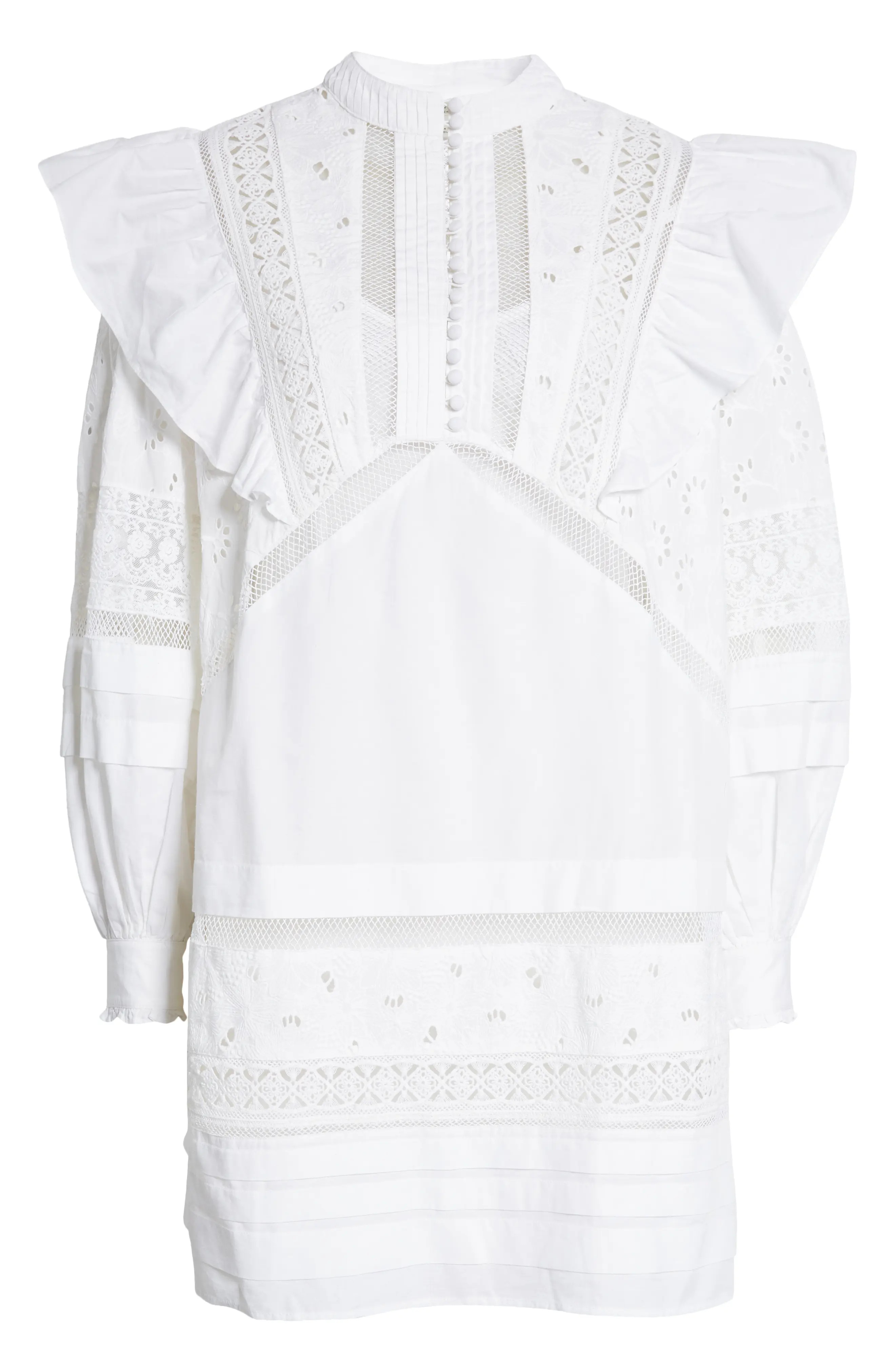 AllSaints Prim Broderie Long Sleeve Cotton Blend Minidress in Chalk White at Nordstrom, Size 10 Us | Nordstrom