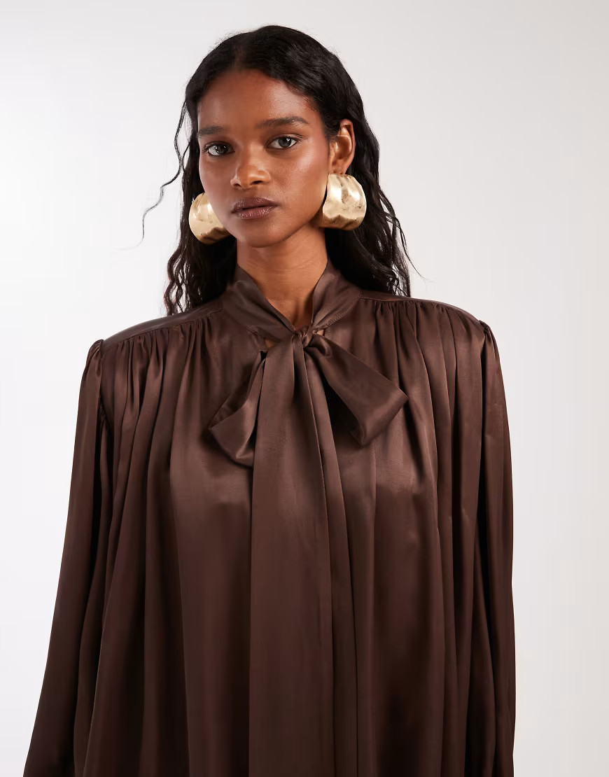 ASOS DESIGN satin shoulder pad volume gathered blouse in chocolate-Brown | ASOS (Global)