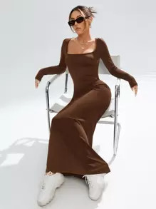 SHEIN Privé Square Neck Mermaid Hem Bodycon Dress | SHEIN