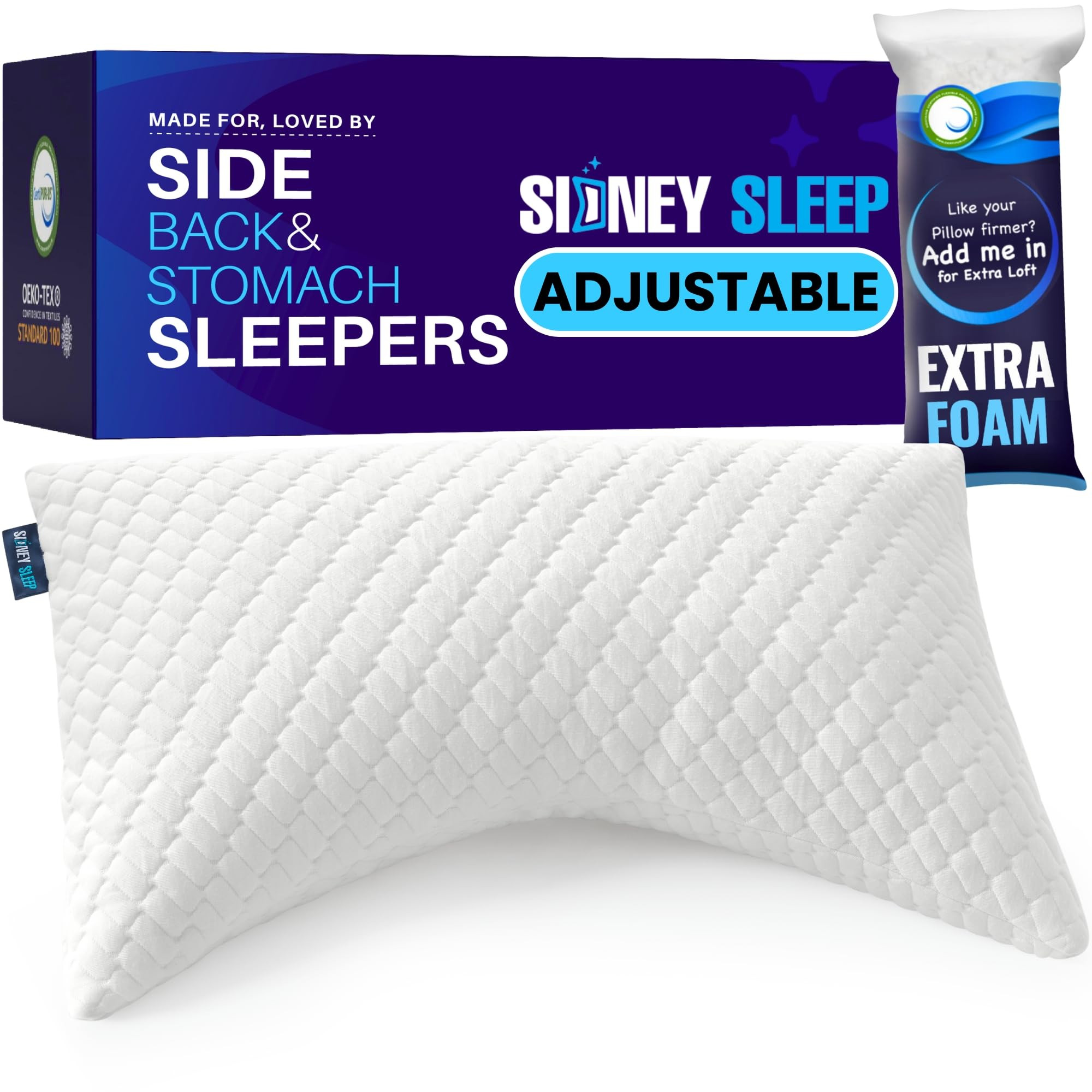 Sidney Sleep Adjustable Curved Contour Fill Pillow – Queen Size – for Side and Back Sleepers – Neck & Shoulder Comfort Support – Extra Fill Included (White) | Amazon (US)