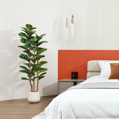 Artificial Fiddle Leaf Fig Tree With White Planter,5Ft Tall Fake Tree With Natural Wood Trunk For Home Decor, Faux Ficus Tree Fake Moss For Indoor Off | Wayfair North America