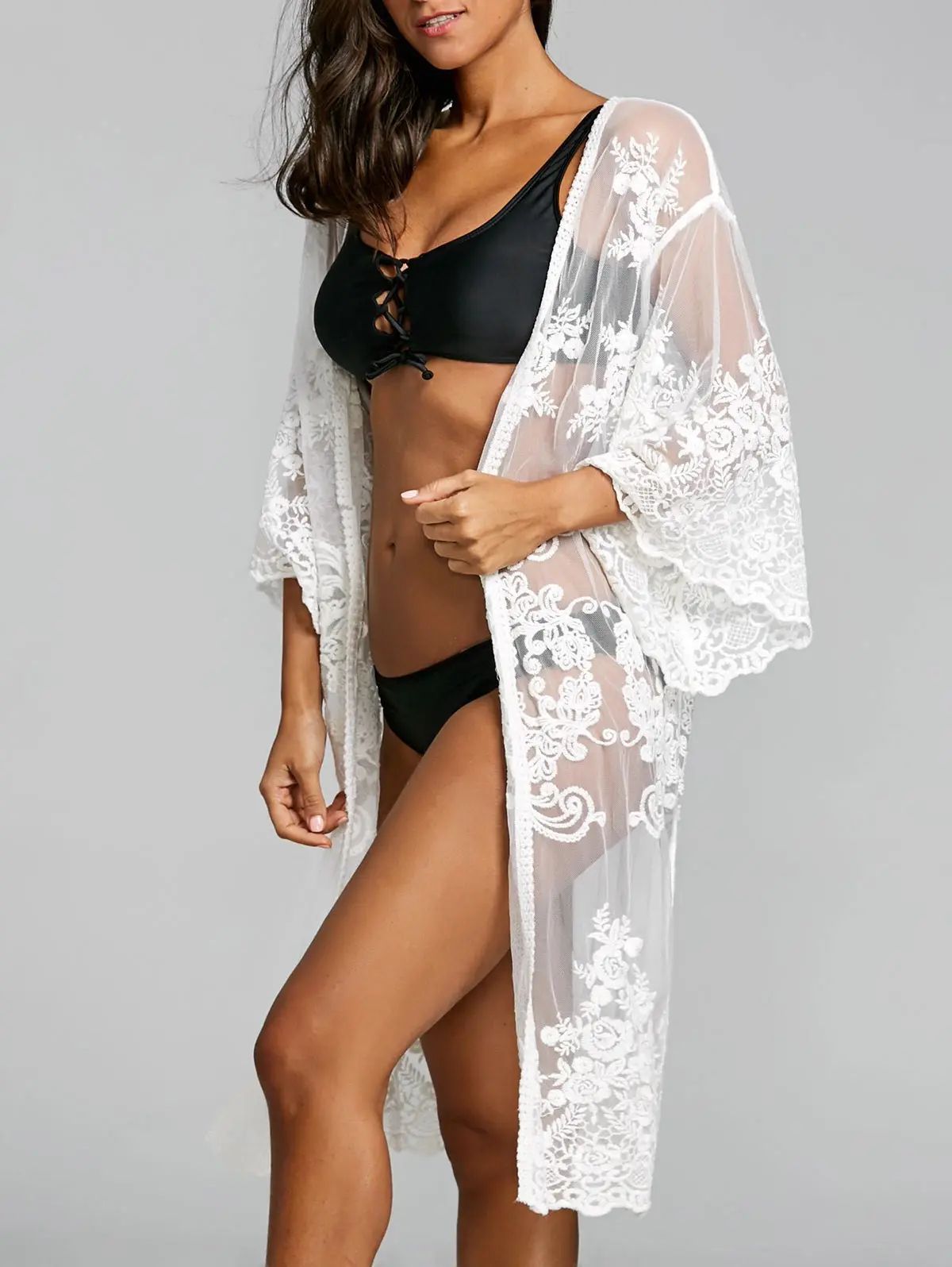 Embroidered Sheer Lace Kimono Cover Up | Rosegal US