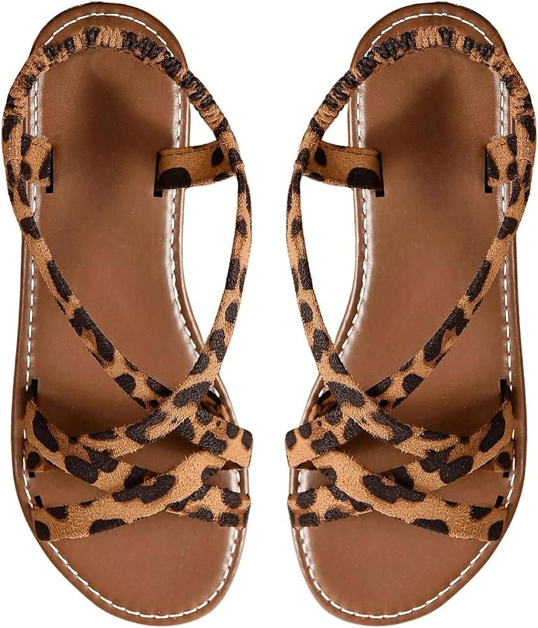GORGLITTER Women's Leopard Strappy Flat Sandals Cheetah Ankle Strap Open Toe Summer Going Out Dre... | Amazon (US)