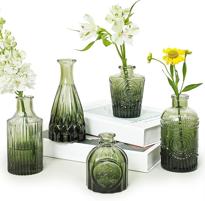Glass Bud Vase Set of 5, Green Small Flower Vases for Centerpieces in Bulk, Mini Vintage Vase for... | Amazon (US)