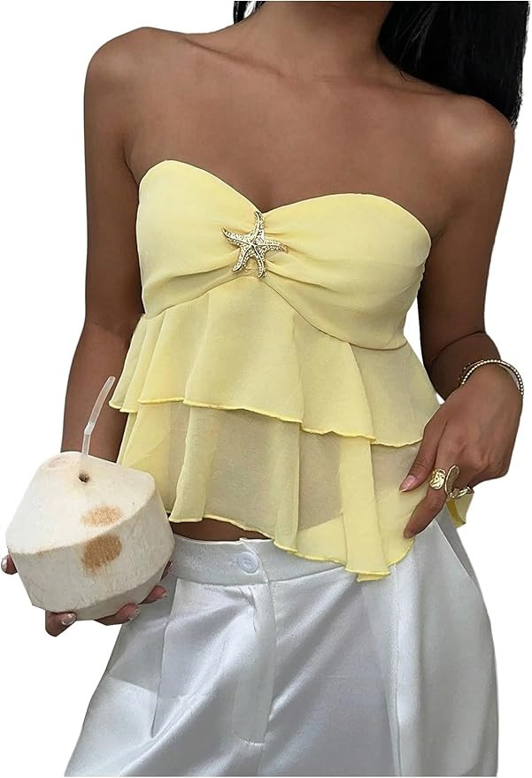 Milumia Women Starfish Ruffle Tube Tops Going Out Tank Tops Flowy Babydoll Bandeau Tops | Amazon (US)