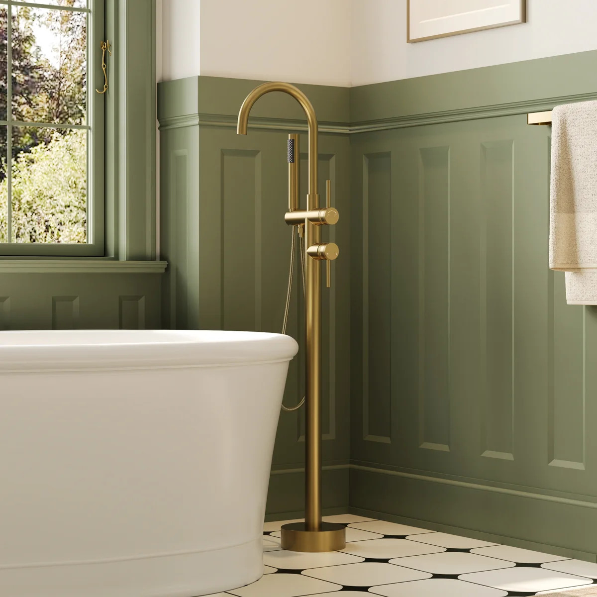 Freestanding Floor Mount Tub Filler Faucet with Handheld Shower SFS-1093-GN | Wayfair North America
