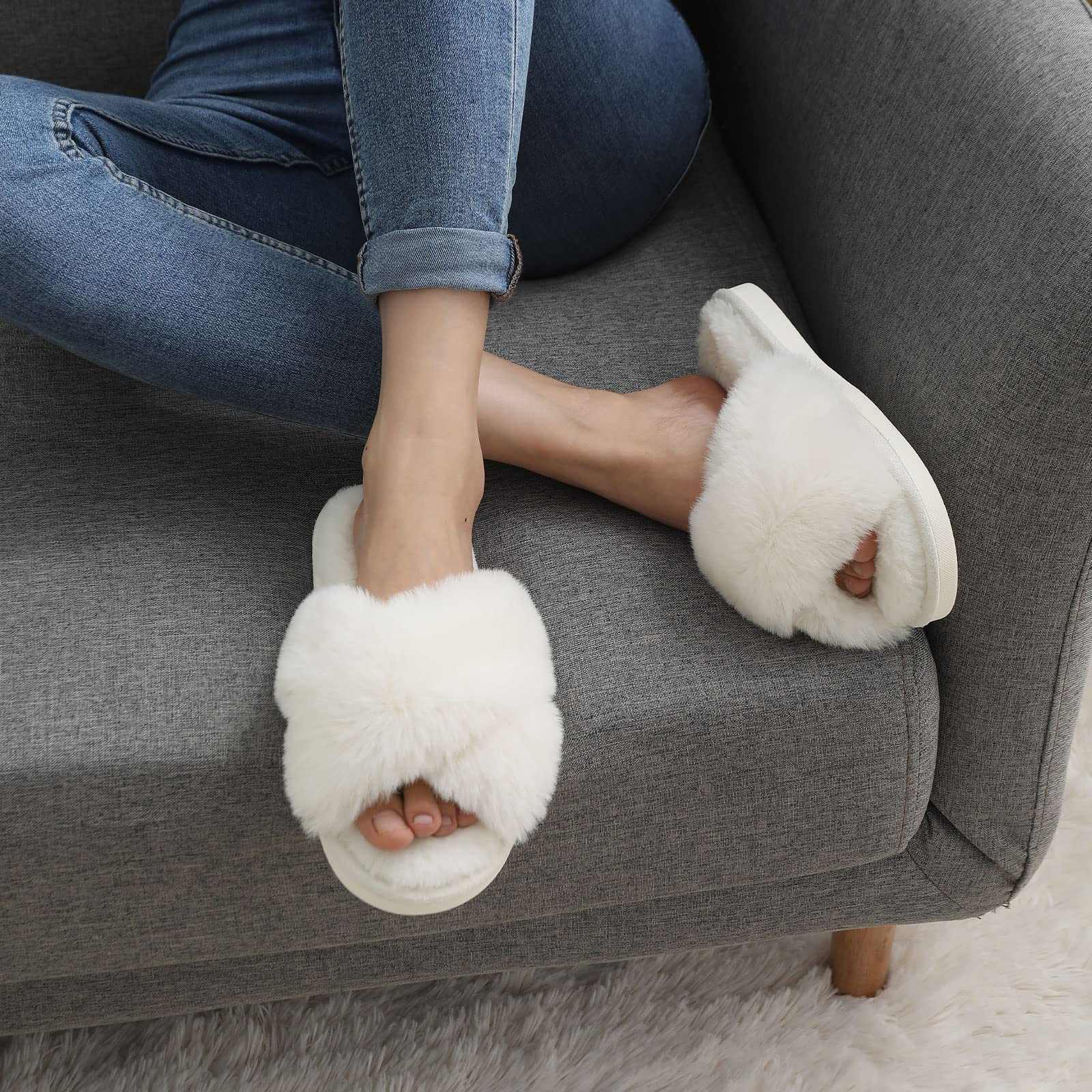 Litfun Women's Fuzzy Slippers Open Toe Cross Band Slippers Memory Foam House Slippers for Women, ... | Walmart (US)