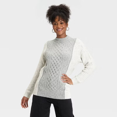 Women's Cozy Knit Cable Crewneck Pullover Sweater - Universal Thread™ Cream/Gray XS | Target