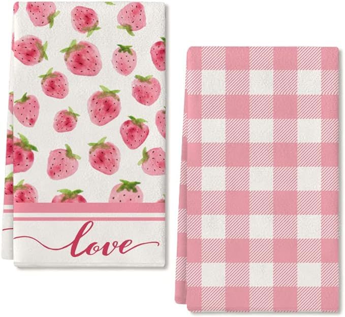 ARKENY Valentine Day Kitchen Towels Pink Strawberry Dish Towels 18x26 Inch Ultra Absorbent Weddin... | Amazon (US)