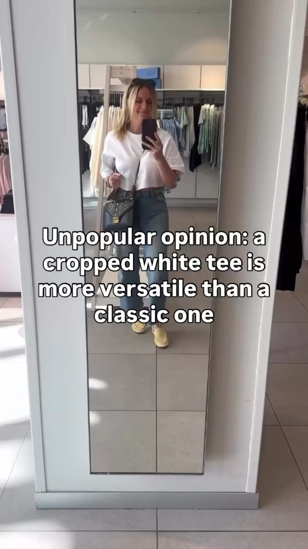 Unpopular opinion: a cropped white tee is more versatile than a classic one 👇

Here’s why:

💛It works with high-waisted everything. Wide leg jeans, barrel pants, midi skirts, trousers — a cropped tee sits at exactly the right length to show just enough waist and let the bottom half shine. A classic tee tucked in never looks quite as clean.

💛It eliminates the bulk problem. No more bunchy fabric at the waist or awkward half tucks that come undone. The crop does the work for you — clean, effortless, done.

💛It makes a simple outfit look intentional. White tee + wide leg denim is a classic formula. The cropped version elevates it from basic to styled without adding a single extra piece.

OOTD for a morning of client errands ✨ Cropped white tee + wide leg jeans + butter yellow loafers + studded crossbody. Both the tee and the loafers are new and still shoppable — linked everything below! 👇

#LTKdayinmylife #LTKootd #LTKOver40

Comment SHOP below to receive a DM with the link to this post on my LTK ⬇ https://liketk.it/6cQ61