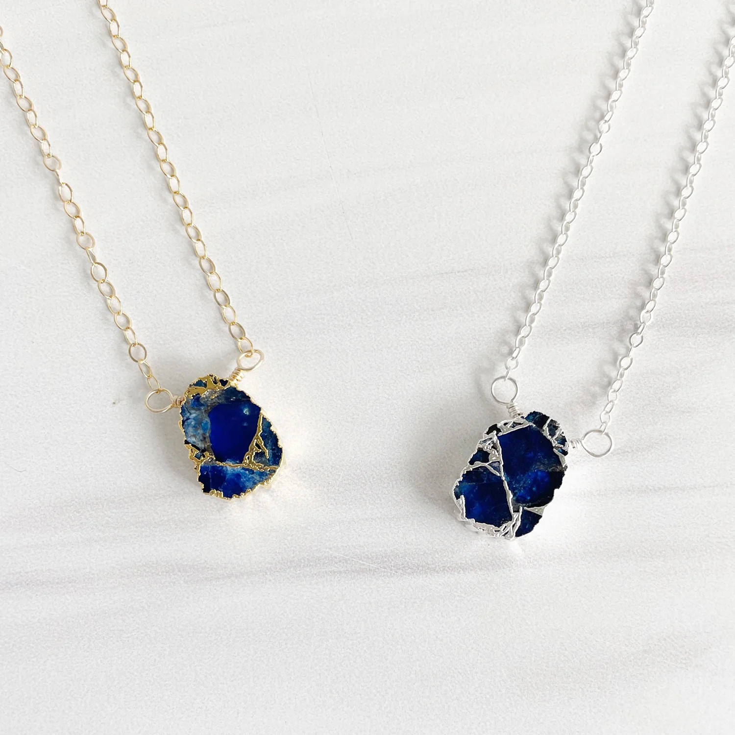 Sapphire Mojave Gemstone Slice Necklace in Gold and Silver | Rustic Gem Jewelry