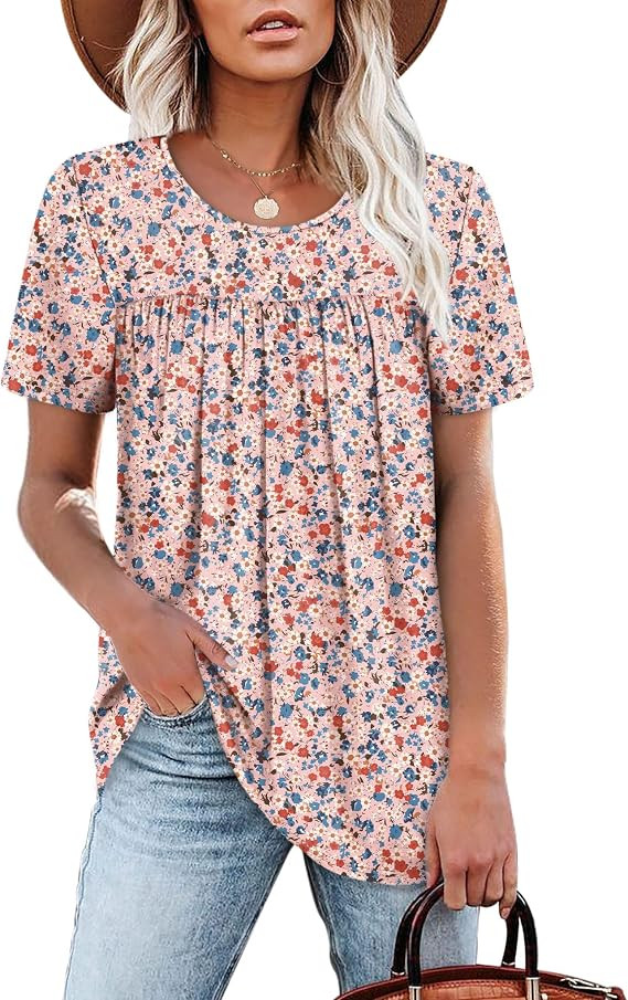 WIHOLL Womens Tops Short Sleeve T Shirts Pleated Dressy Casual Round Neck Summer Clothes Outfits ... | Amazon (US)