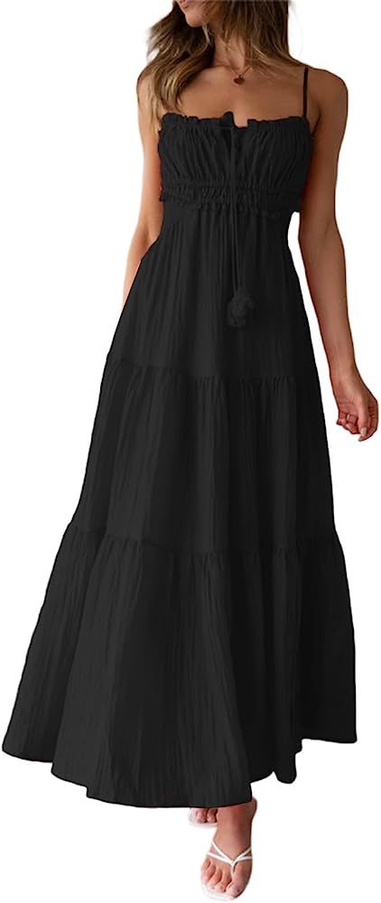 Womens Summer Spaghetti Strap Long Dress Boho Low Cut Dress Backless Bodycon Midi Dress Bohemian ... | Amazon (US)