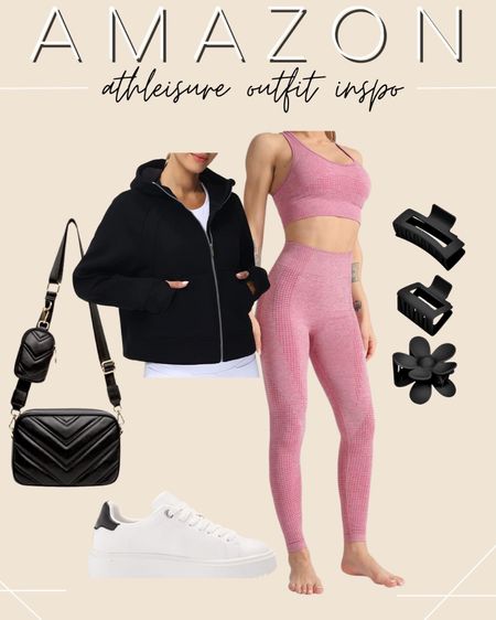 Amazon Athleisure Outfit - Amazon workout set - Pink Workout Set - Black Sweatshirt - Black Hair clips - Addidas Shoes 

#LTKfit #LTKstyletip