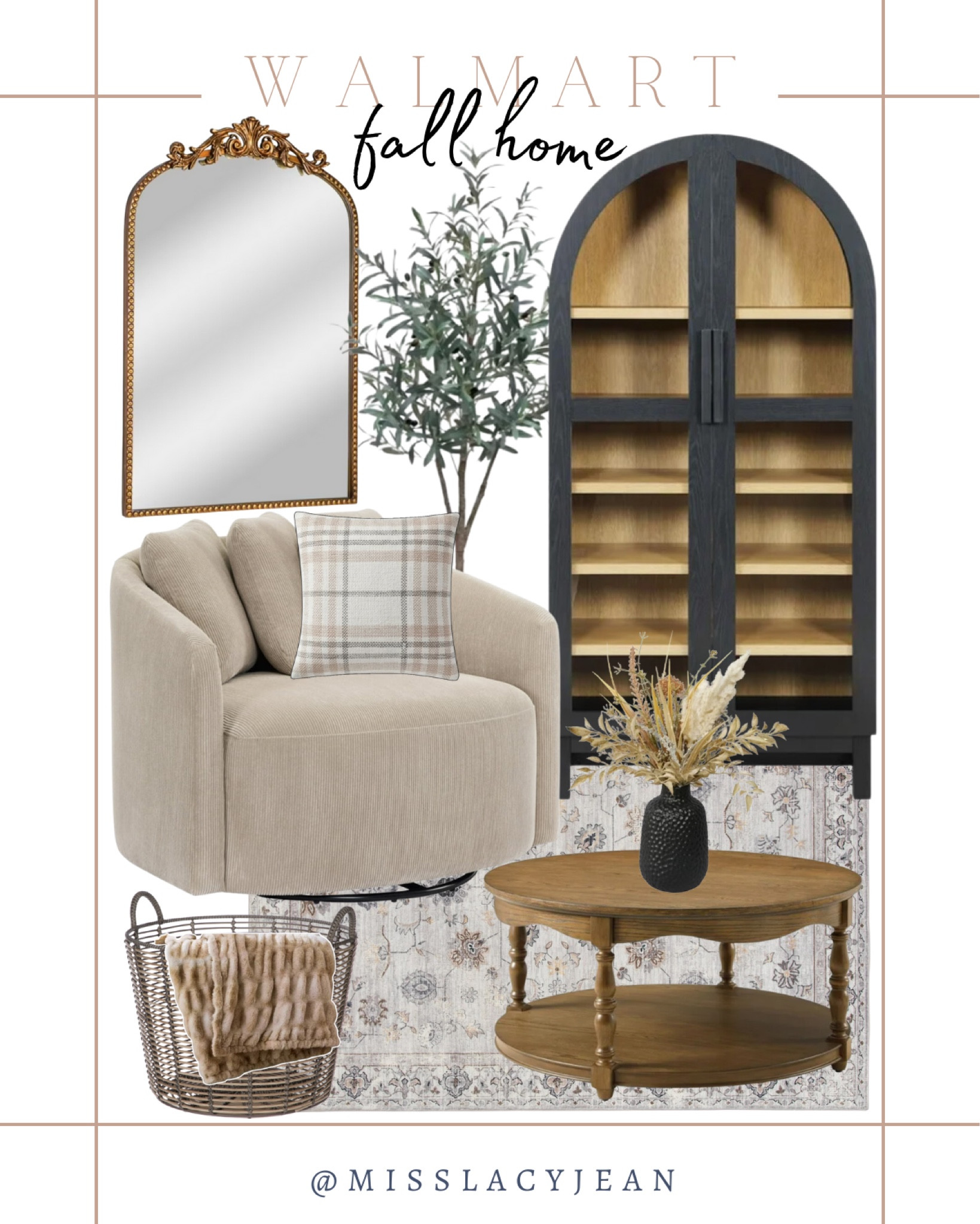 Walmart fall home includes arched bookshelf, faux tree, mirror, accent chair, coffee table, basket, area rug, throw pillow, throw blanket.

Home decor, looks for less, Walmart home decor, neutral home finds

#LTKStyleTip #LTKHome #LTKFindsUnder100