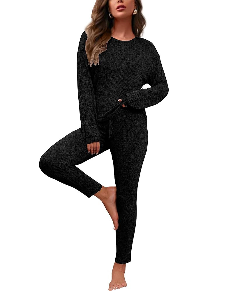 difficort Womens Pajama Sets Long Sleeve Pjs Soft Sleepwear Ribbed Knit Lounge Set with Pockets | Amazon (US)