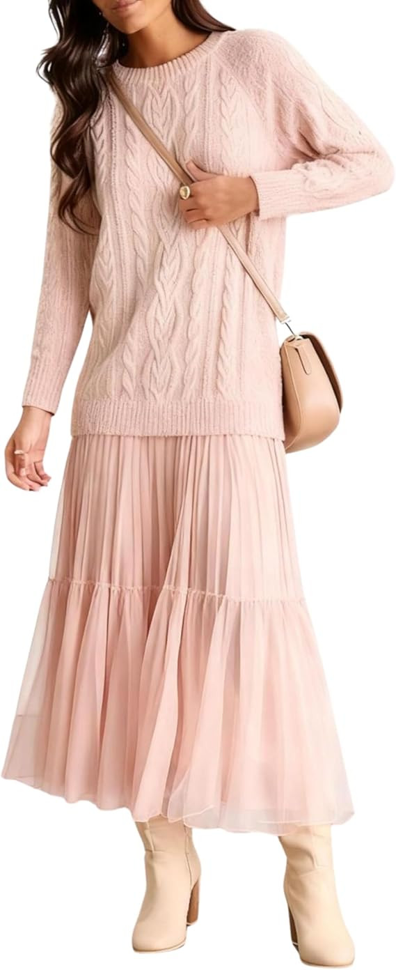 Huaqiao Womens Caple Knit Sweater Dress Crew Neck Long Sleeves Pleated Patchwork Twofer Style Max... | Amazon (US)