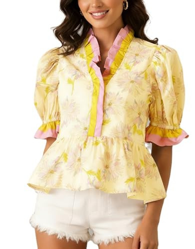 Amiblvowa Women Flutter Puff Sleeve Peplum Tops Y2K Boho Floral Ruffle Babydoll Blouse V Neck Cute Flowy Shirt Going Out Top Yellow | Amazon (US)