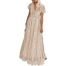 MEROKEETY Women's V Neck Short Sleeve Floral Lace Wedding Dress Bridesmaid Cocktail Party Maxi Dr... | Amazon (US)