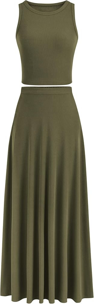 PRETTYGARDEN Women's 2 Piece Maxi Skirt Sets Casual Summer Knit Cropped Tank Top High Waisted Lon... | Amazon (US)