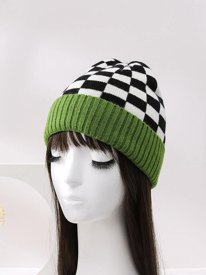 1pc Women's Latest Check Pattern Knit Beanie, Fashionable, All-match, Warm, Ear-covering, Suitabl... | SHEIN