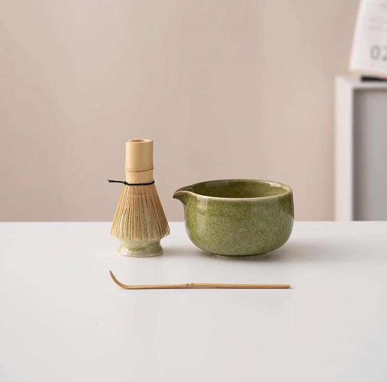 Green Ceramic Matcha Bowl Set with Spout Bamboo Whisk and Chasen Holder Unique Matcha Whisk Set 4... | Etsy (US)