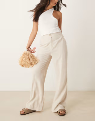 ASOS DESIGN relaxed straight leg trousers with linen in stone | ASOS (Global)