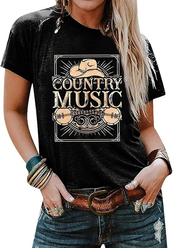 Country Music Tshirt Women Vintage Graphic Tees Funny Western Cowboy Shirt Casual Short Sleeve To... | Amazon (US)