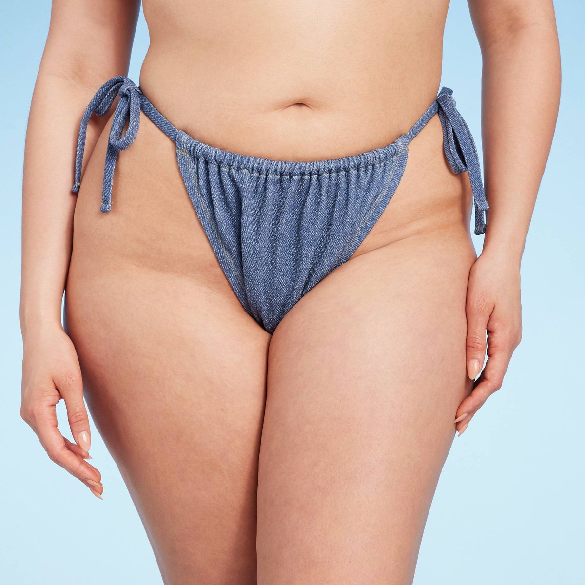 Women's Denim Textured Side-Tie High Leg Cheeky Bikini Bottom - Wild Fable™ Dark Denim Blue | Target