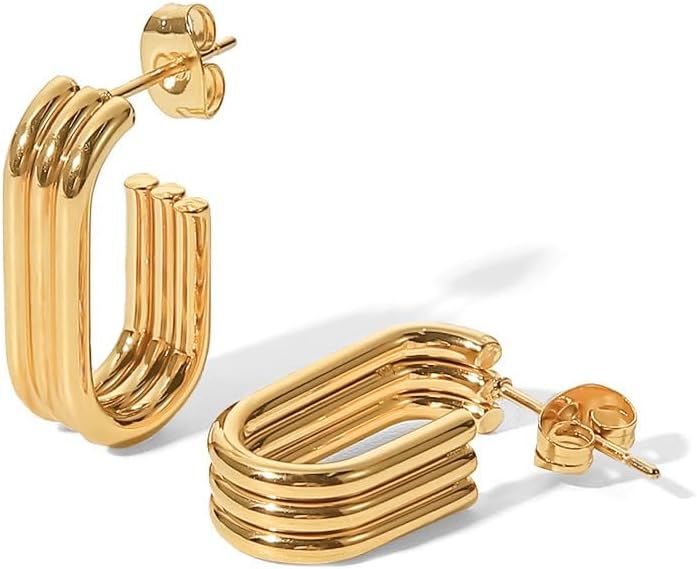 18K Gold Huggie Earrings Stainless Steel Rectangle Hoop Earrings Trio Oval Huggie Earrings for Wo... | Amazon (US)