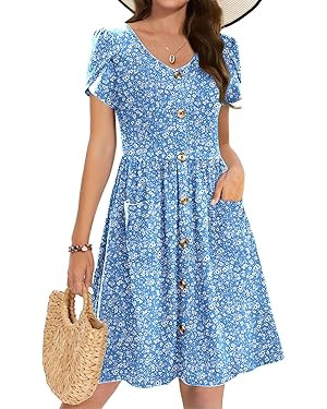 Zeagoo Womens Summer Dress Mini Petal Short Sleeve Dresses Pleated Button Down V Neck Floral Beac... | Amazon (US)