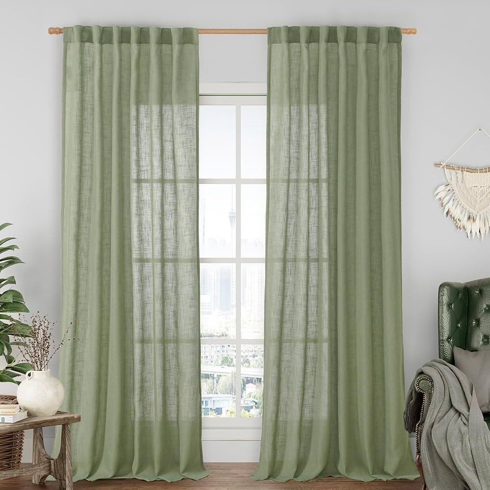 LAMIT Sage Green Linen Curtains for Living Room 84 inch Length 2 Panels, Light Filtering Semi She... | Amazon (US)