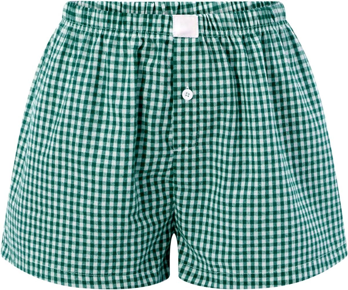 Women Y2K Plaid Pajamas Shorts Cute Elastic Waist Gingham Boxers Shorts Casual Micro Lounge Short... | Amazon (US)