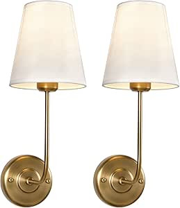 TERLEENART Fabric Wall Scone with Flared Shape White Textile Shade Curved Arm and Antique Brass F... | Amazon (US)