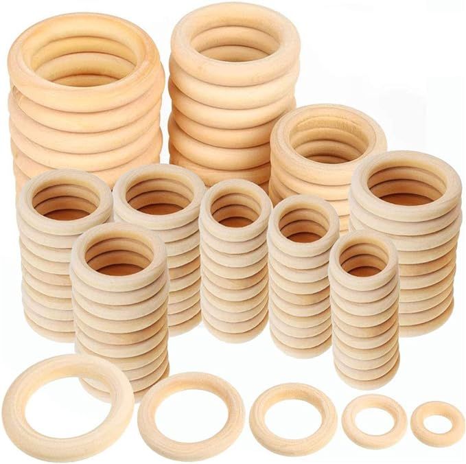100 PCS 5 Sizes Natural Wood Rings, Unfinished Smooth Wooden Ring, Wood Circles forCraft, Ring Pe... | Amazon (US)