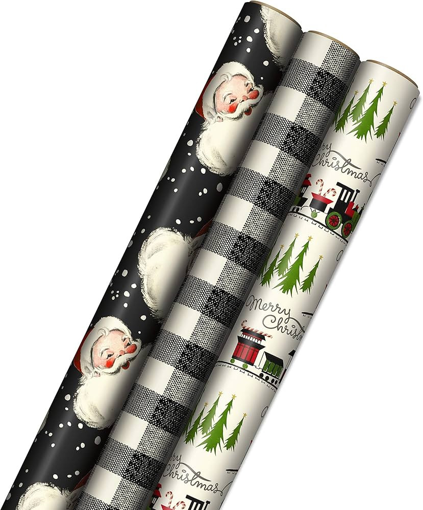 Hallmark Black Christmas Wrapping Paper with Cut Lines on Reverse (3 Rolls: 120 sq. ft. ttl) Retr... | Amazon (US)
