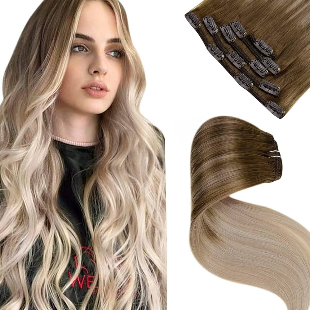 LaaVoo Clip in Human Hair Extensions Ombre Light Brown to Ash Blonde Mix Platinum Blonde Balayage... | Amazon (US)