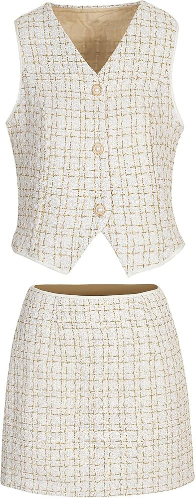 WEI YI HUI Women's 2-Piece Set Of Plaid Gold Lace Vest And Midi Skirt Deep v-Neck Vest Mini Sexy ... | Amazon (US)