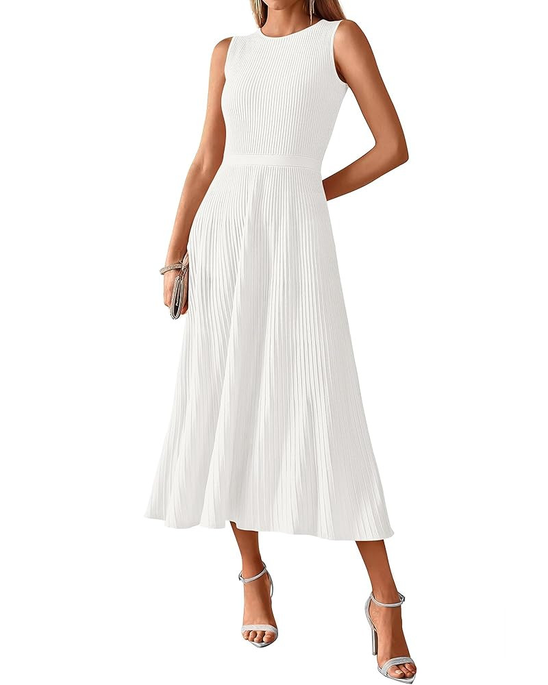 BTFBM Women's Midi Bodycon Tank Dress Summer Crewneck Rib Knit Sleeveless Pleated Swing A Line Bu... | Amazon (US)