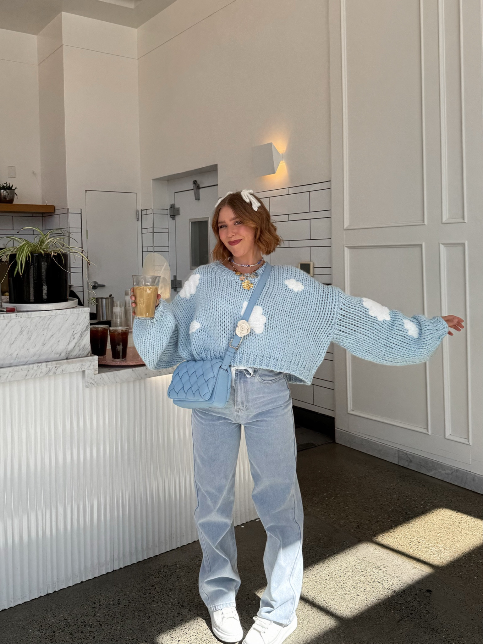 Wearing size large in sweater for oversized look! 

Hair accessories are from UO but sold out. Necklace is Luckie Goldie 🫶

#jeansoutfit #coffeeshop #casualootd #oversizedsweater #charmnecklace #sneakersoutfit

#LTKShoeCrush #LTKStyleTip