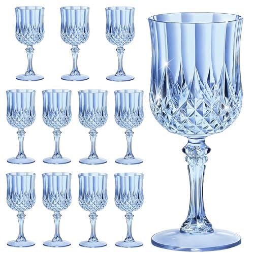 HTTBEIZI 12PCS 7OZ Blue Wine Plastic Glasses, Drinking Champagne Glasses Flutes Crystal Vintage Water Unbreakable Goblets for Wedding, Parties | Amazon (US)