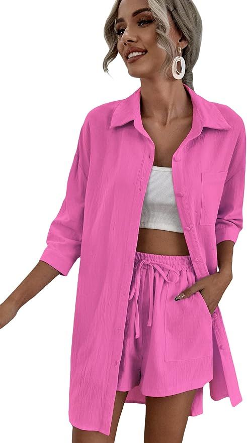 MakeMeChic Women's Casual 2 Piece Outfits Long Sleeve Button Down Shirt and Shorts Set | Amazon (US)