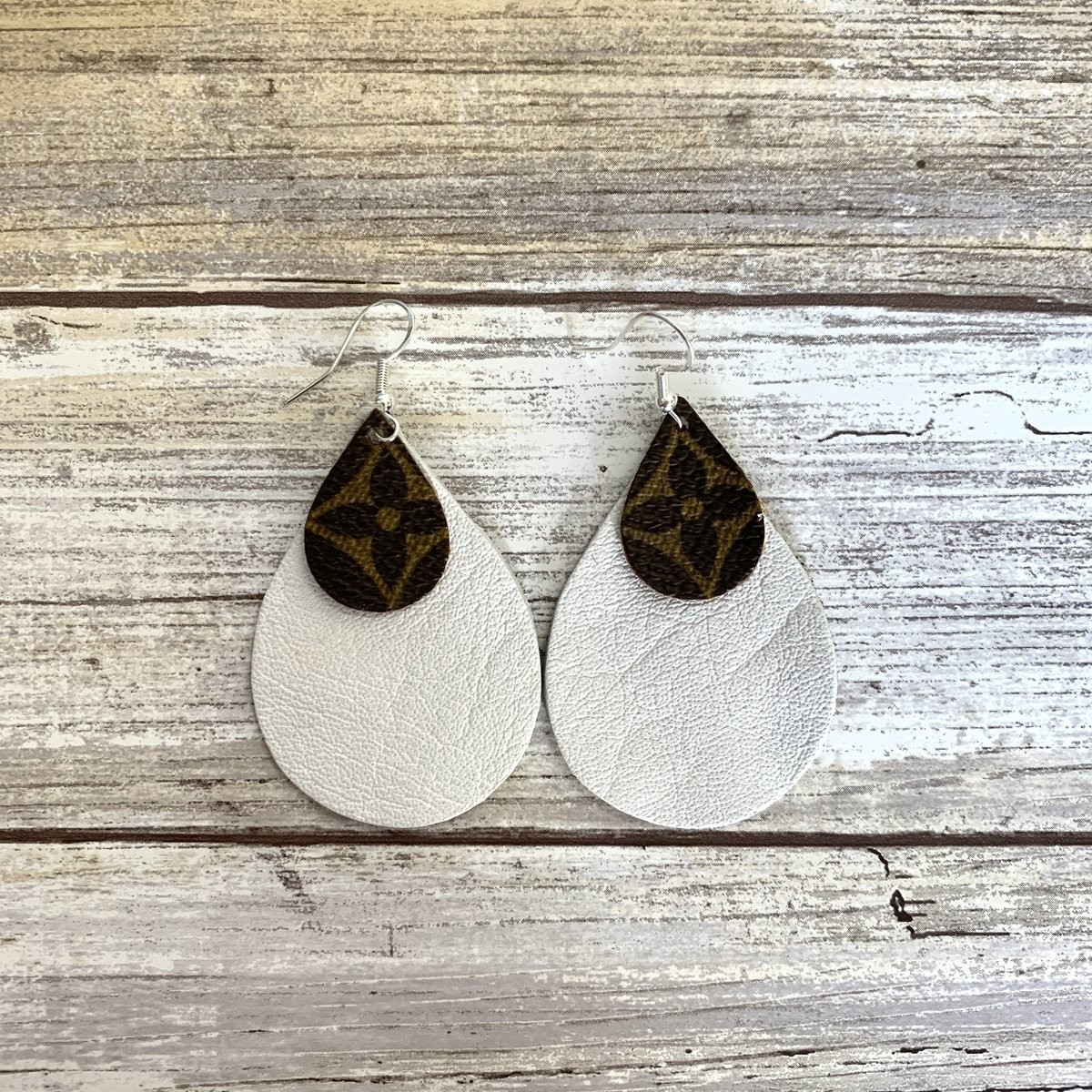 Tiered Teardrop Earrings in Upcycled LV Monogram with White Leather Backing | Sparkl