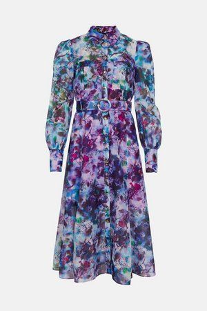 Floral Organdie Woven Belted Midi Dress | Karen Millen US