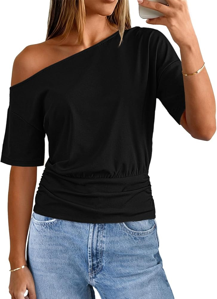 MEROKEETY Women's Off The Shoulder Short Sleeve Tops 2026 Summer Casual Going Out Trendy Y2k T Sh... | Amazon (US)