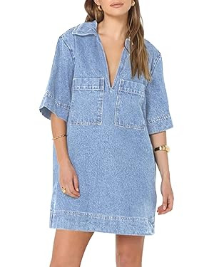 Fisoew Womens Denim Shirt Dress Summer Collared V Neck Mini Casual Jean Dresses with Pockets | Amazon (US)